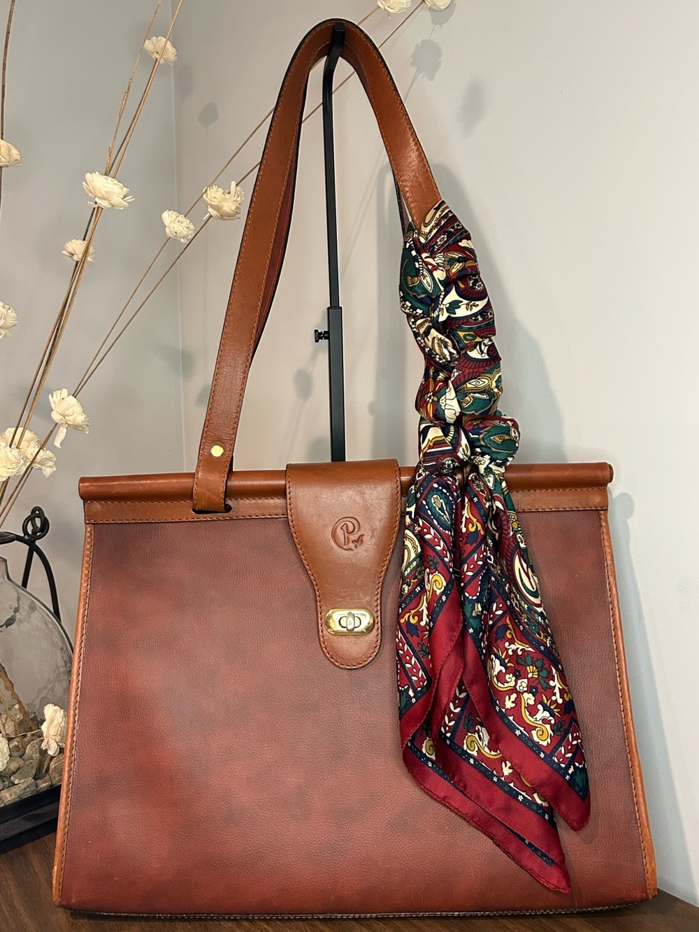 Vintage Cognac Leather Structured Tote Rigid Frame Equestrian / Doctor Bag 1980s